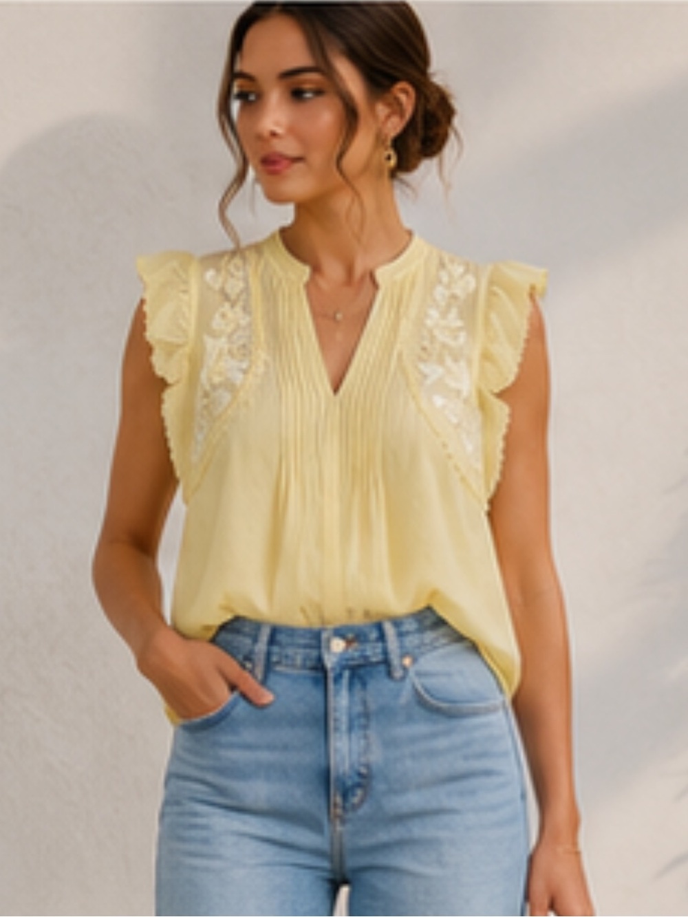 Zadig & Voltaire Pale Yellow Embroidered Ruffle Sleeve Blouse